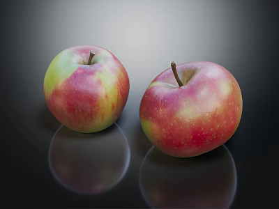 Two red and green apples with shiny reflections on black background surface 3d model