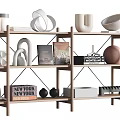 Elegant Decorative Ornament Set on Wooden Shelf with Geometric Pieces Books and Bowls