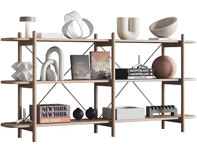 Elegant Decorative Ornament Set on Wooden Shelf with Geometric Pieces Books and Bowls 3d model