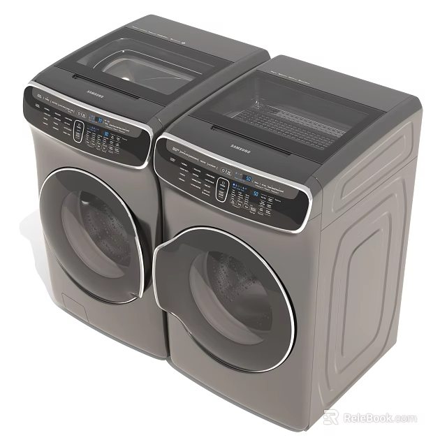 Two Modern Gray Washing Machines with Front Loading Doors and Digital Control Panels 3d model
