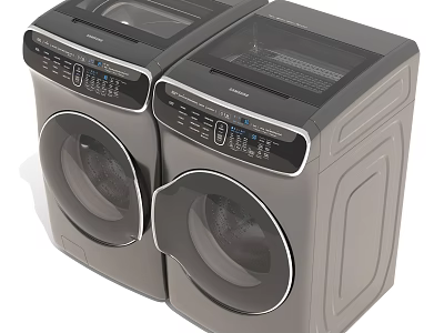 Two Modern Gray Washing Machines with Front Loading Doors and Digital Control Panels 3d model