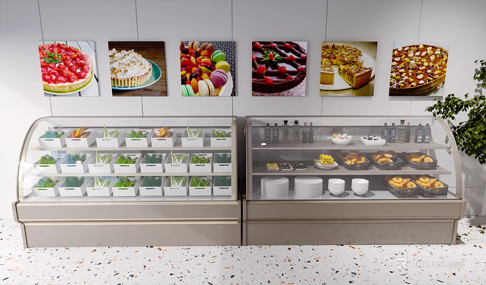 Glass Display Shelves in Bakery Showcasing Assorted Desserts Cakes and Macarons 3d model 