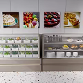Glass Display Shelves in Bakery Showcasing Assorted Desserts Cakes and Macarons