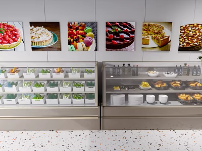 Glass Display Shelves in Bakery Showcasing Assorted Desserts Cakes and Macarons 3d model