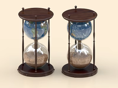 Decorative Ornament Set with Two Hourglasses Wooden Base Globe Top Glass Sand Timer 3d model