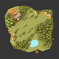 3D Illustration of Floating Island with House Trees and Small Pond