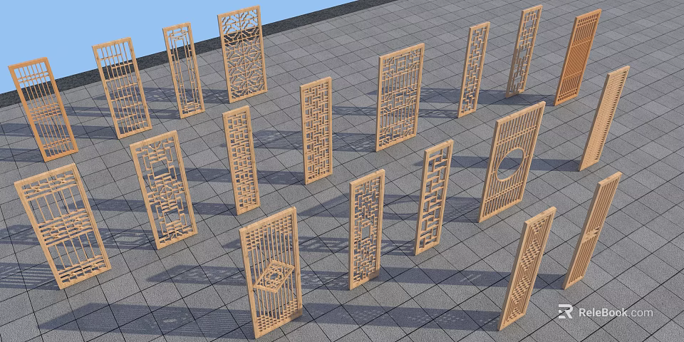 Wooden Room Partitions With Intricate Carved Patterns For Interior Decoration 3d model 