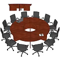 Dark Brown Wooden Round Conference Table With Black Office Chairs Laptop And Documents