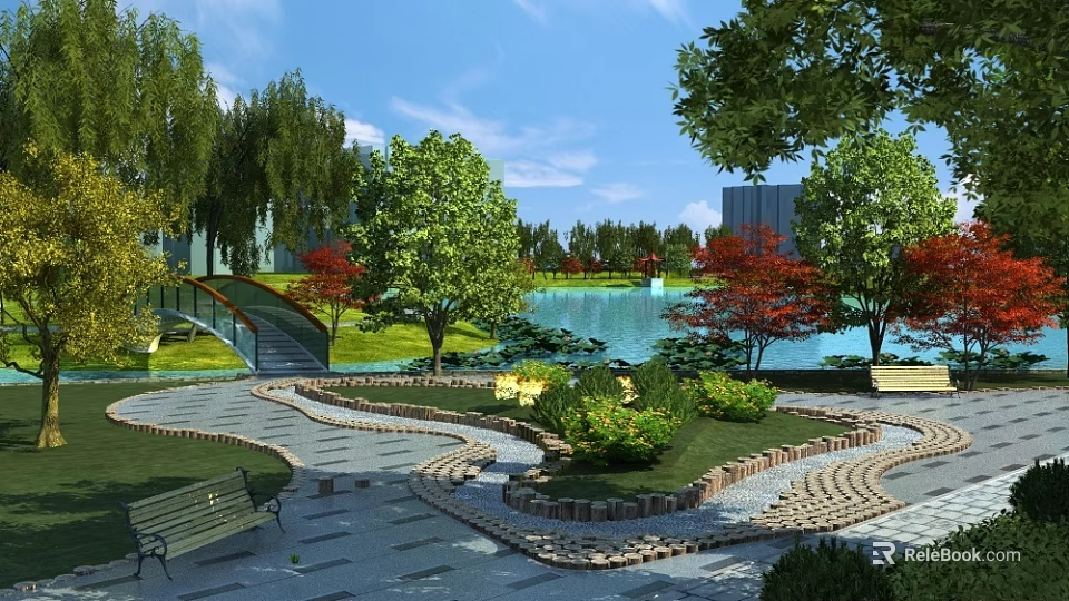Garden Landscape with Winding Pathway Lush Green Lawn Wooden Benches Various Trees and Lake 3d model 