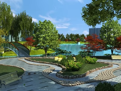 Garden Landscape with Winding Pathway Lush Green Lawn Wooden Benches Various Trees and Lake 3d model