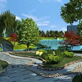 Garden Landscape with Winding Pathway Lush Green Lawn Wooden Benches Various Trees and Lake
