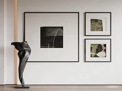 Modern Abstract Paintings on White Wall with Black Sculpture and Artwork Decor 3d model