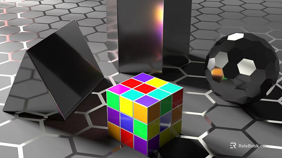 Colorful Rubik's Cube on Hexagonal Floor with Black Geometric Shapes 3d model 
