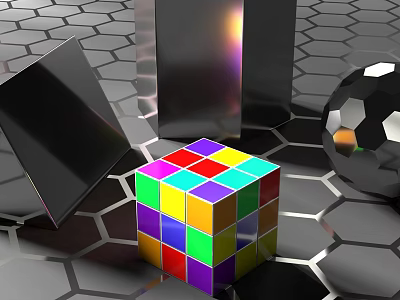 Colorful Rubik's Cube on Hexagonal Floor with Black Geometric Shapes 3d model