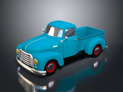 Vintage Blue Classic Truck With Red Rims Shiny Body And Reflection On Dark Surface 3d model