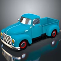 Vintage Blue Classic Truck With Red Rims Shiny Body And Reflection On Dark Surface