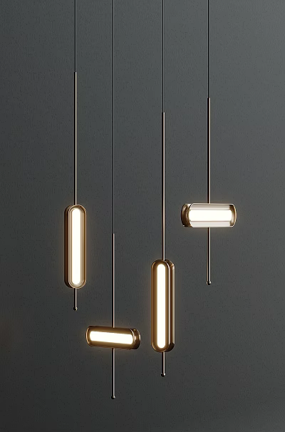 Modern Metallic Pendant Lights Rectangular Design Hanging on Dark Background 3d model