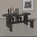 Modern Black Oval Dining Table Set With Wooden Legs Chairs Bench And Decorative Accents