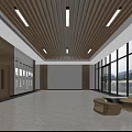 Elevator Hallway Modern Interior With Wooden Slats Ceiling Glass Walls Stylish Seating And Gray Flooring