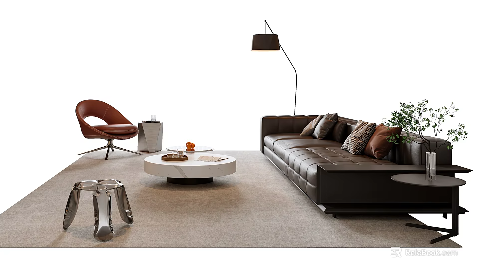 Modern Brown Leather Sofa With Round Marble Coffee Table Armchair Floor Lamp And Potted Plant 3d model 