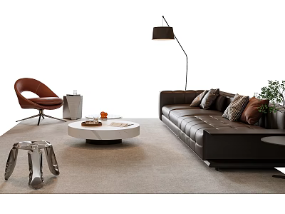 Modern Brown Leather Sofa With Round Marble Coffee Table Armchair Floor Lamp And Potted Plant 3d model