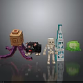 Skeleton Character And Black Wolf Creature With Orange Tentacled Block Blue Tower And Green Cube