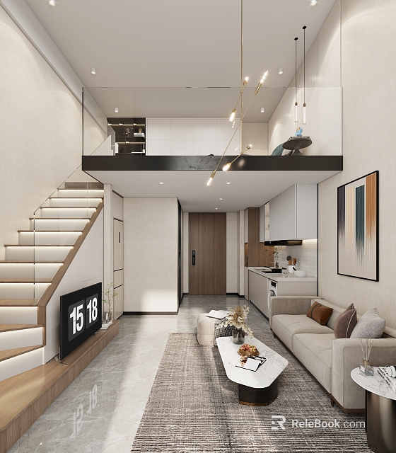 Elegant Modern Duplex Apartment With Open Layout Living Room Kitchen Staircase TV Sofa 3d model 