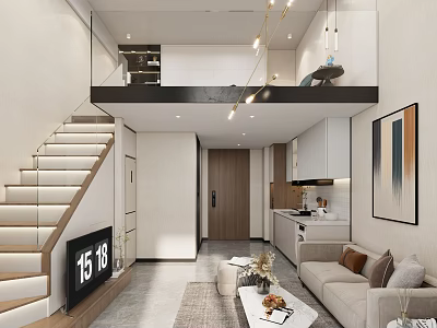 Elegant Modern Duplex Apartment With Open Layout Living Room Kitchen Staircase TV Sofa 3d model
