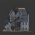 Ruined Medieval Stone House Model With Blue Roof Tiles And Wooden Staircase