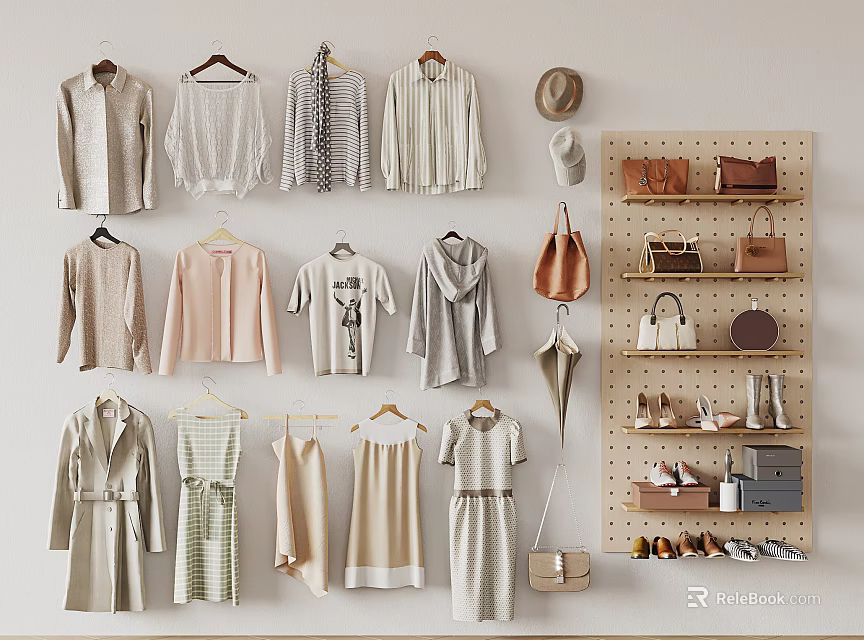 Stylish Clothing Display Hanging With Coats Tops Dresses Bags Shoes And Hats 3d model 