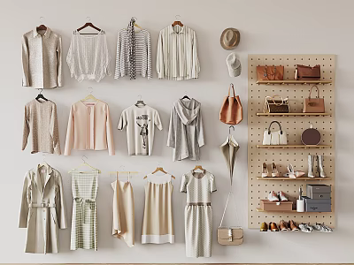 Stylish Clothing Display Hanging With Coats Tops Dresses Bags Shoes And Hats 3d model