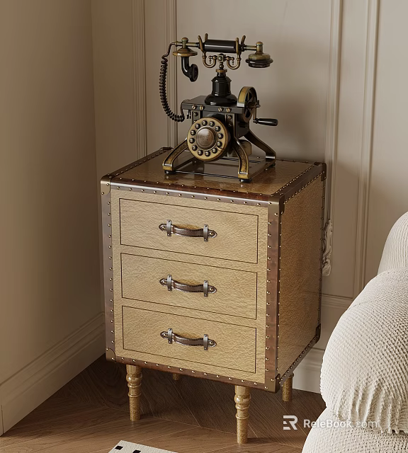 Vintage Telephone On Wooden Nightstand With Three Drawers And Metal Handles 3d model 