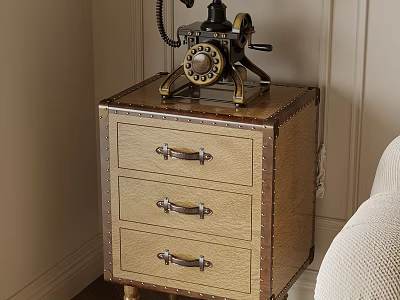 Vintage Telephone On Wooden Nightstand With Three Drawers And Metal Handles 3d model
