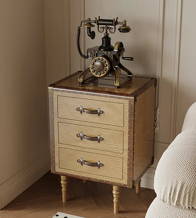 Vintage Telephone On Wooden Nightstand With Three Drawers And Metal Handles 3d model