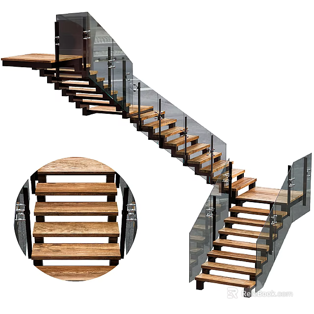 Modern Staircase Design With Wooden Steps And Glass Railings 3d model 