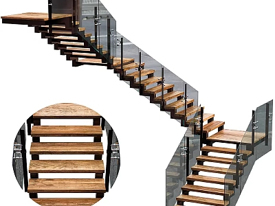 Modern Staircase Design With Wooden Steps And Glass Railings 3d model