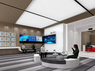 Modern Government Service Hall Interior With Large Screens And Seating Area For People 3d model