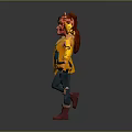 Game Movie Character Red Haired Yellow Coat Blue Shirt Jeans Red Boots Waving Running Pose