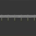 Silver Metal Railing With Two Horizontal Bars And Vertical Posts On Dark Reflective Background