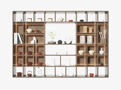 Stylish Decorative Cabinet with Multiple Compartments Displaying Tea Sets Books Vases and Jars 3d model