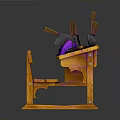 Wooden Workbench with Purple Tools and Knives on Top Surface