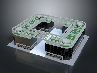 Cartoon Architectural Scene Featuring Green Roof White Frame Black Base And Open Area 3d model