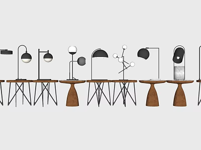 Modern Stylish Table Lamps With Various Designs And Wooden Metal Bases On Small Tables 3d model