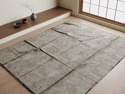Square Rug On Wooden Floor In Minimalist Room With Window And Decorative Bench 3d model