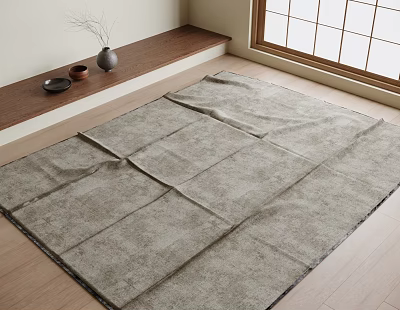 Square Rug On Wooden Floor In Minimalist Room With Window And Decorative Bench 3d model