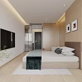 Modern Hotel Guest Room Interior With Wooden Shelves TV Bed Plant And Lighting