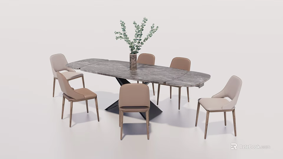 Rectangular Gray Marble Dining Table Set With Six Beige Fabric Chairs And Green Plant Vase 3d model
