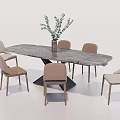 Rectangular Gray Marble Dining Table Set With Six Beige Fabric Chairs And Green Plant Vase 3d model
