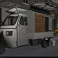 Classic Vintage Food Truck On Urban Street With Open Cabin Wooden Shelves And Trash Bin