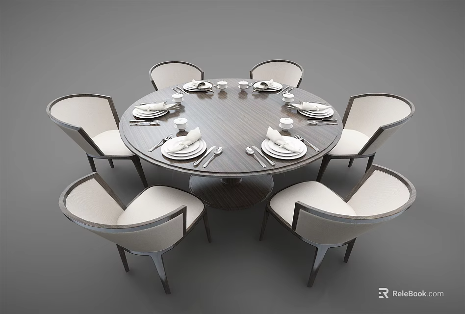 Elegant Round Dining Table Set With Six White Chairs And Tableware 3d model